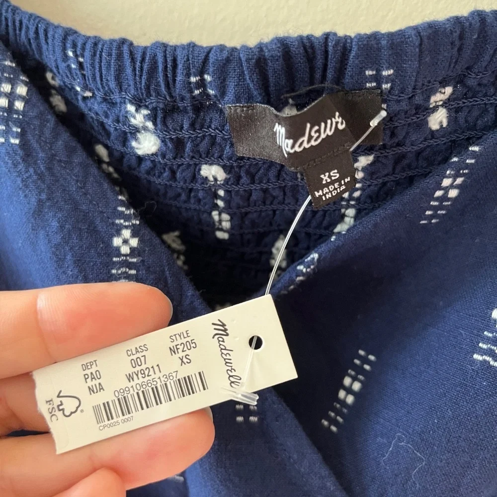 Madewell Sz M Jacquard Navy Puff Short Sleeve Cropped Top Blouse V Neck Pullover